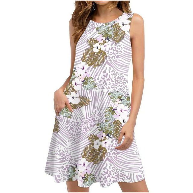 SMihono Robe d'Été pour Femmes Grande Taille Robes d'Été pour Femmes Plage Florale T-Shirt Robe Décontractée Poches Boho Robe Débardeur