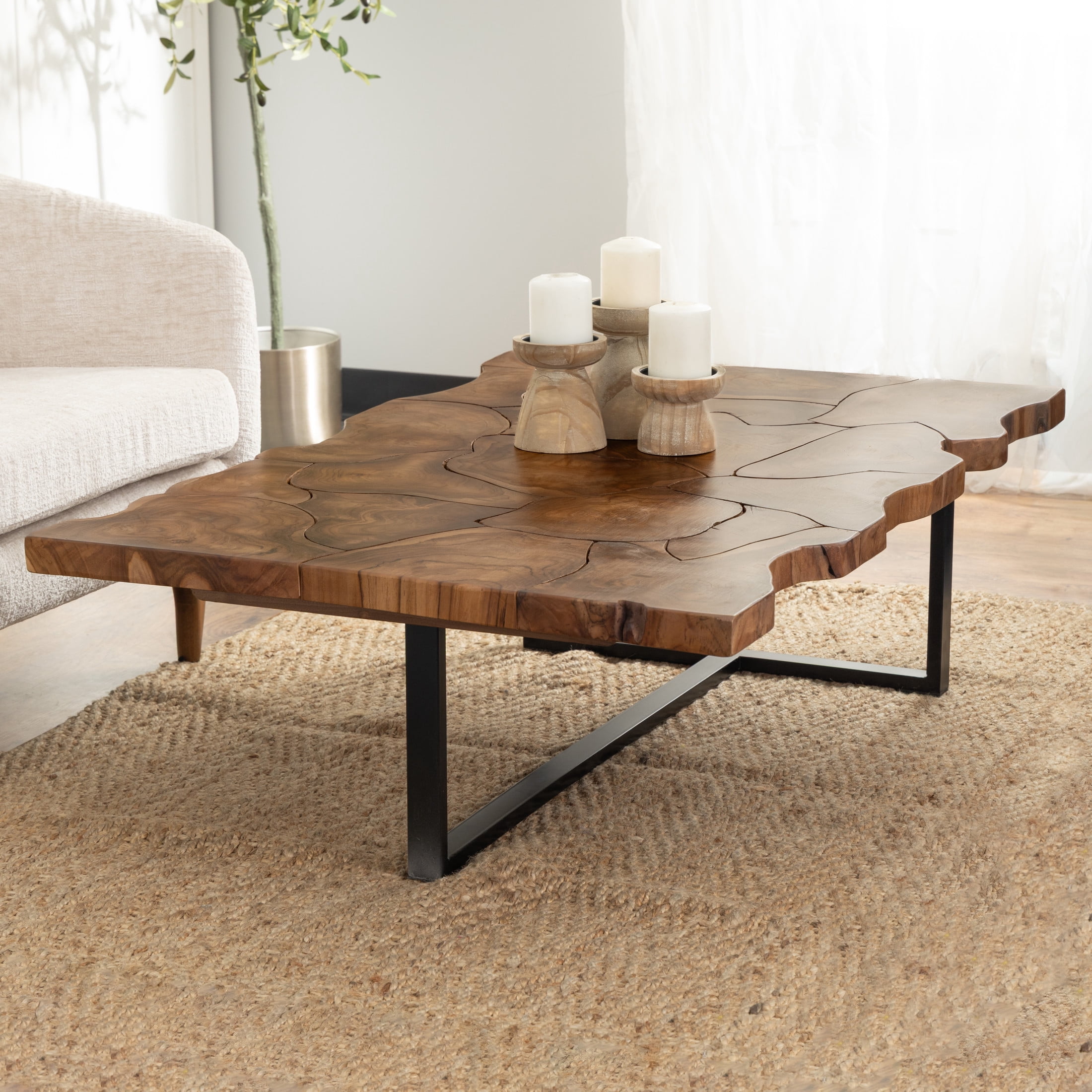 DecMode 49" x 15" Brown Teak Wood Handmade Live Edge Coffee Table with Black Metal Base, 1-Piece