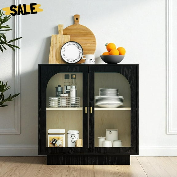GZXS 31.1"W Modern Storage Cabinet, Accent Display Cabinet with 2 Acrylic Doors and Adjustable Shelf, Anti-Tipping Device, Black