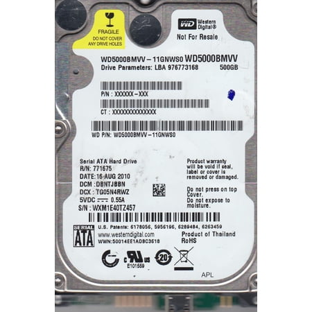 WD5000BMVV-11GNWS0, DCM DBNTJBBN, Western Digital 500GB USB 2.5 Hard Drive