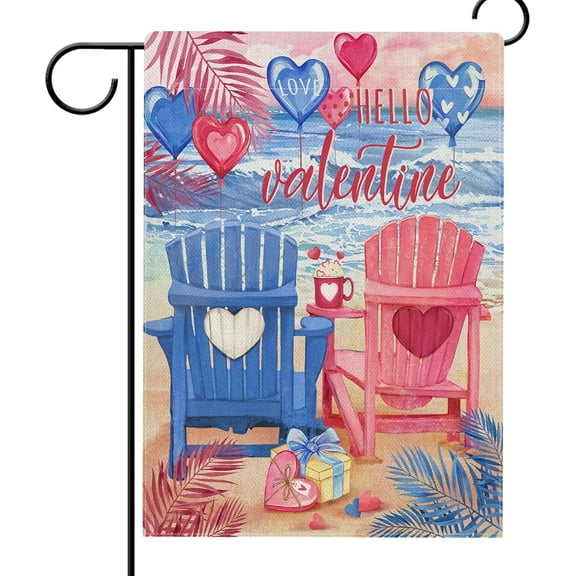 Hello Valentines Day Beach Pink Blue Chair Garden Flag Double Sided, Coastal Love Hearts Decorative Yard Outdoor Home Small Decor, Anniversary Nautical Burlap Outside House Decoration 12.5 x 18