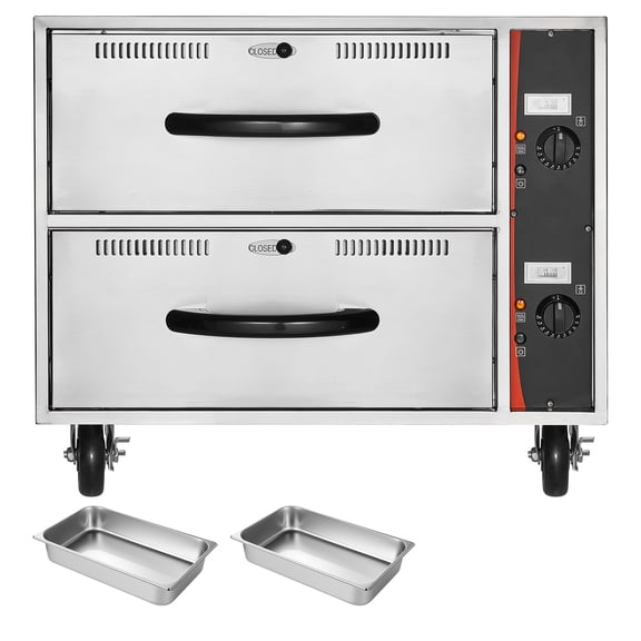 KFFKFF Commercial Electric Drawer Warmer with Two Stainless Steel Drawers, Freestanding Warming Cabinet, Adjustable Temperature Range 85°F–185°F, Ideal for Restaurants, Buffets, and Bakeries