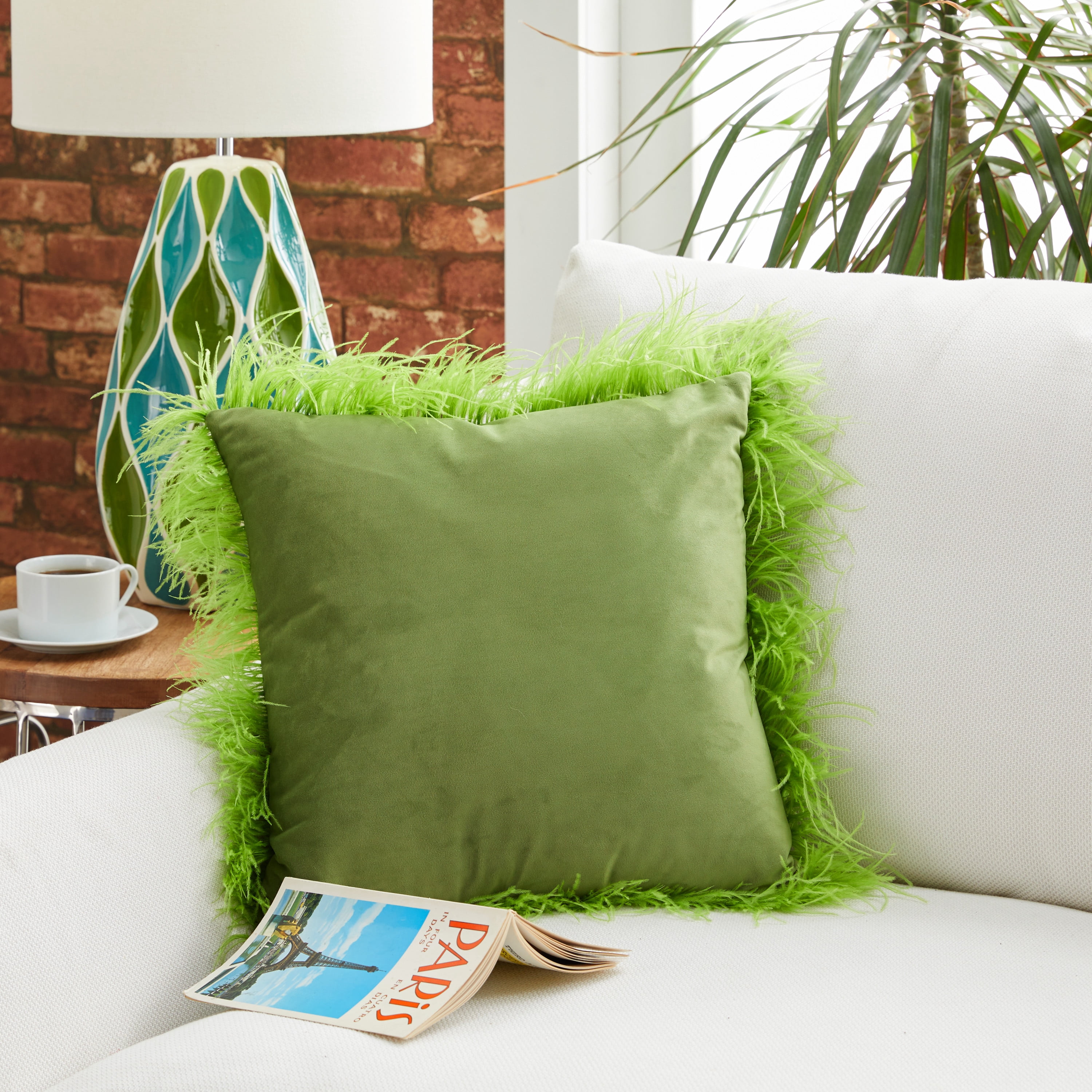 Decmode Square Green Throw Pillow with Feather Trim, 23" x 23"