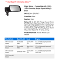 thumbnail image 2 of Right Mirror - Compatible with 1990 - 1991 Chevy Blazer Sport Utility 2-Door, 2 of 2