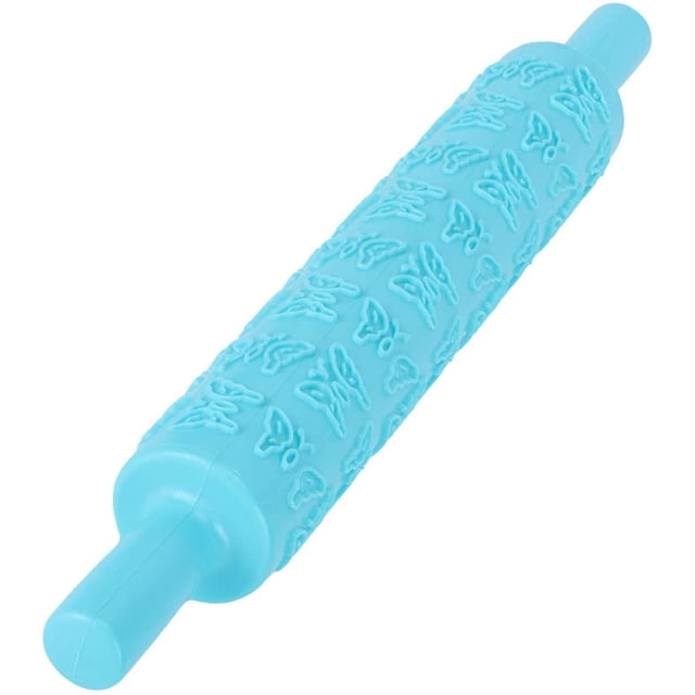 Rodillo para fondant, rodillo de plástico en relieve, mango antiadherente para galletas, pastelería, decoración de pasteles, 14,4 x 2 pulgadas (azul)