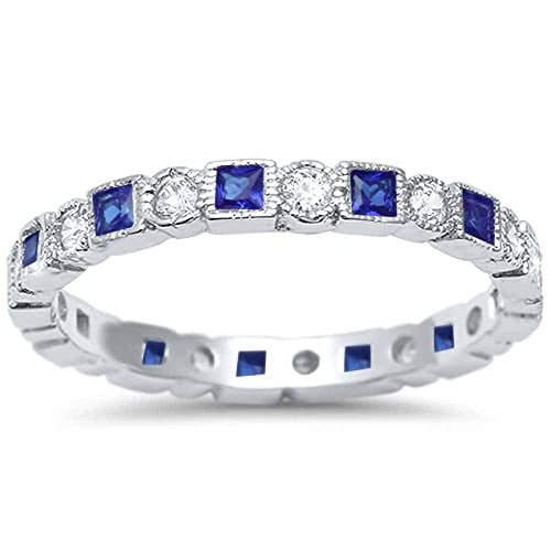 HeartsAndYou 3ct Natural Blue Sapphire Eternity Stylish Wedding Band 14k SOLID White Gold