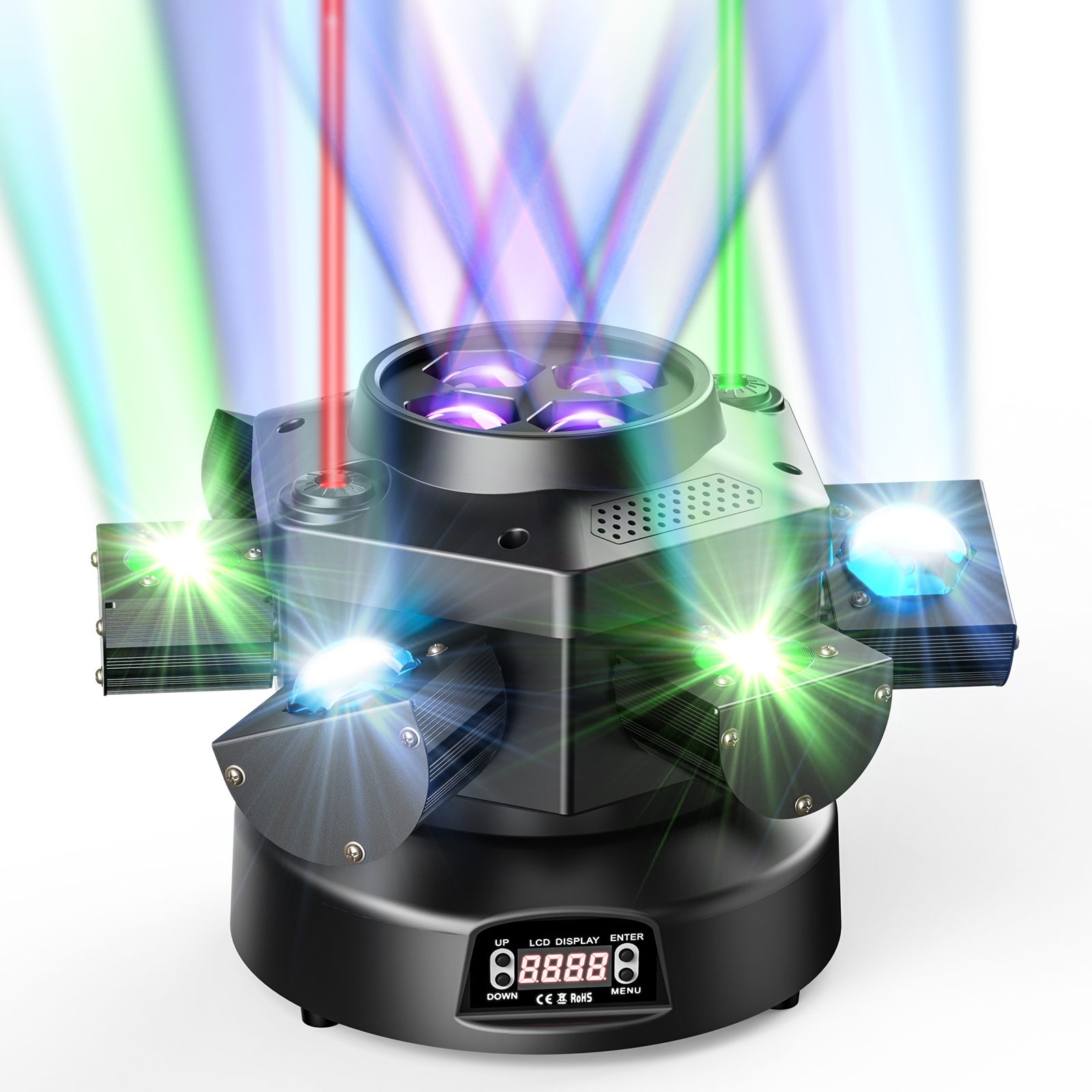 200W 6 Arms Moving Head DJ Lights, Bee Eye DMX RGBW LED Stage Lights Show Disco Party Beam Lighting