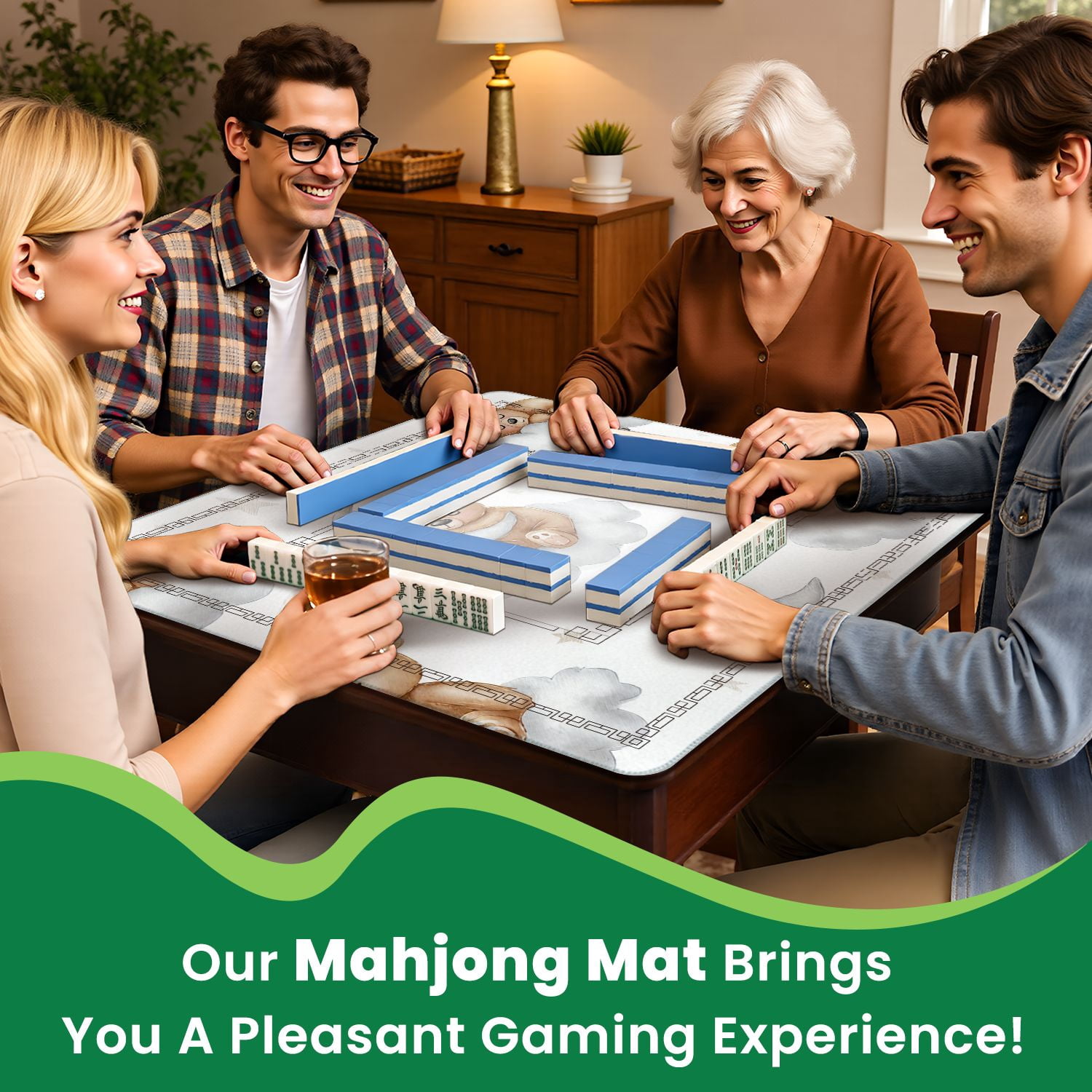 Mahjong Mat 31.5" x 31.5" Seamless teddy bears clouds moon stars watercolor Non-Slip Noise Reduction American Mahjong Tiles Table Cover for Dominoes Poker Card Board Games Gift