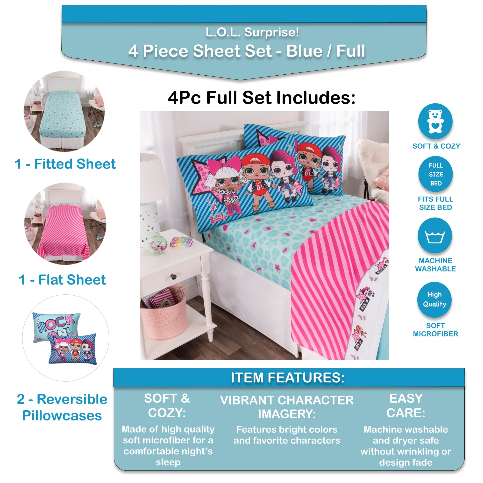 LOL Surprise Kids Full Sheet Set, Pink, Blue, MGA