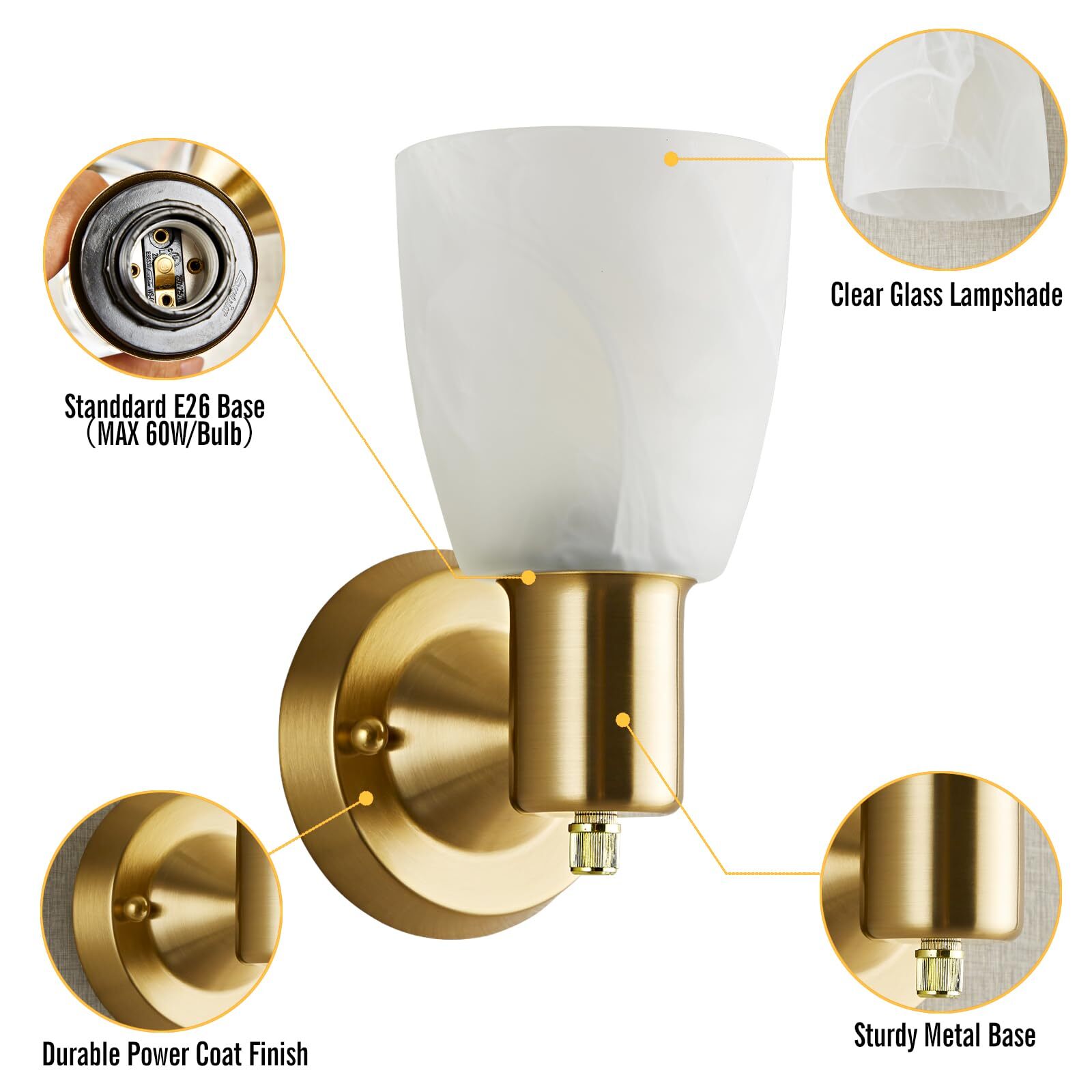 NATYSWAN Wall Light Set of 2, Modern Gold Vanity Lights for Bathroom, Wall Mount Sconces with Frosted Glass, Farmhouse Wall Lamp for Mirror Living Room