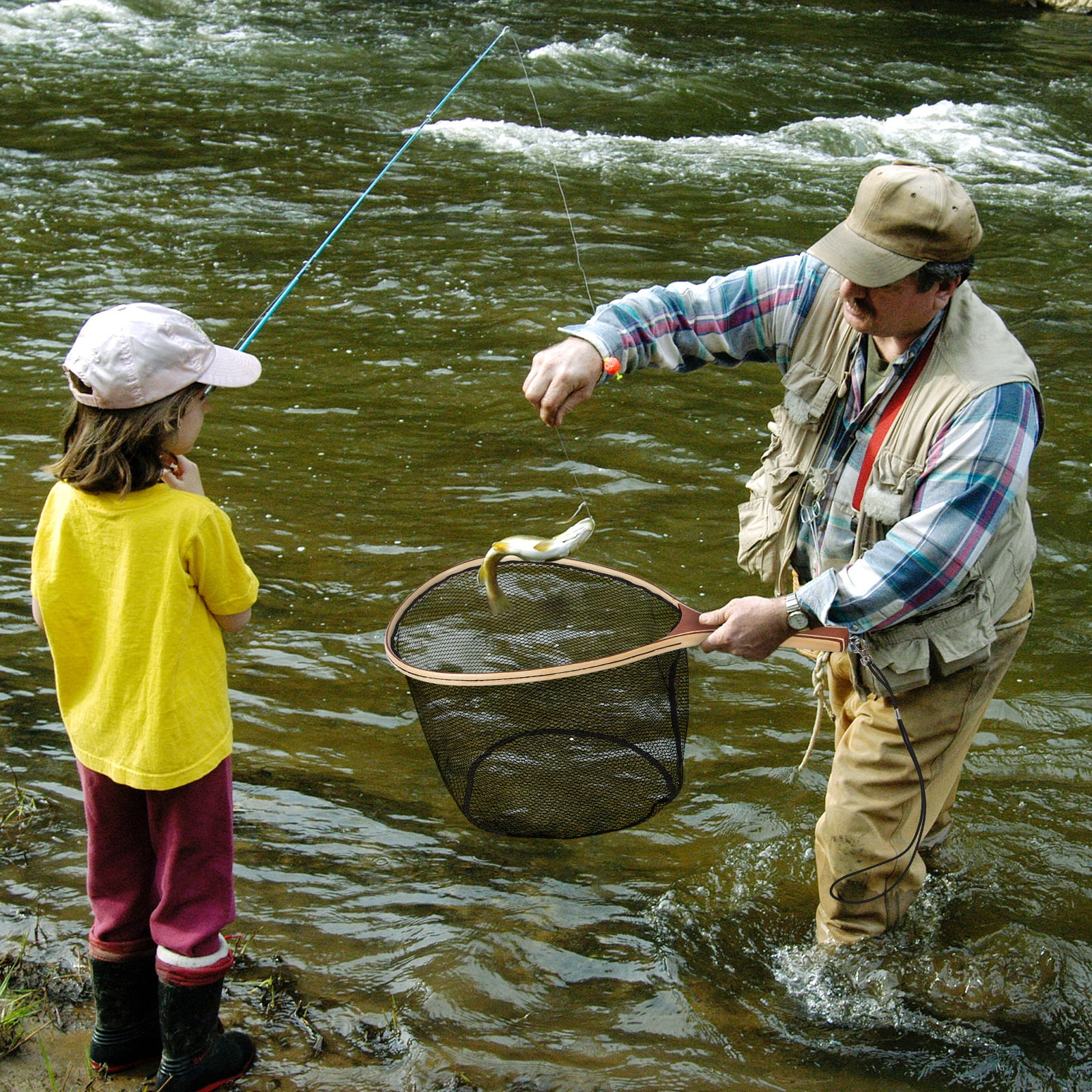 Lightweight Wooden Fly Fishing Net - Soft Mesh, Eucalyptus Black Straight Handle, Safe Catch & Release, Durable Landing Net for Trout, Bass, Freshwater & Saltwater