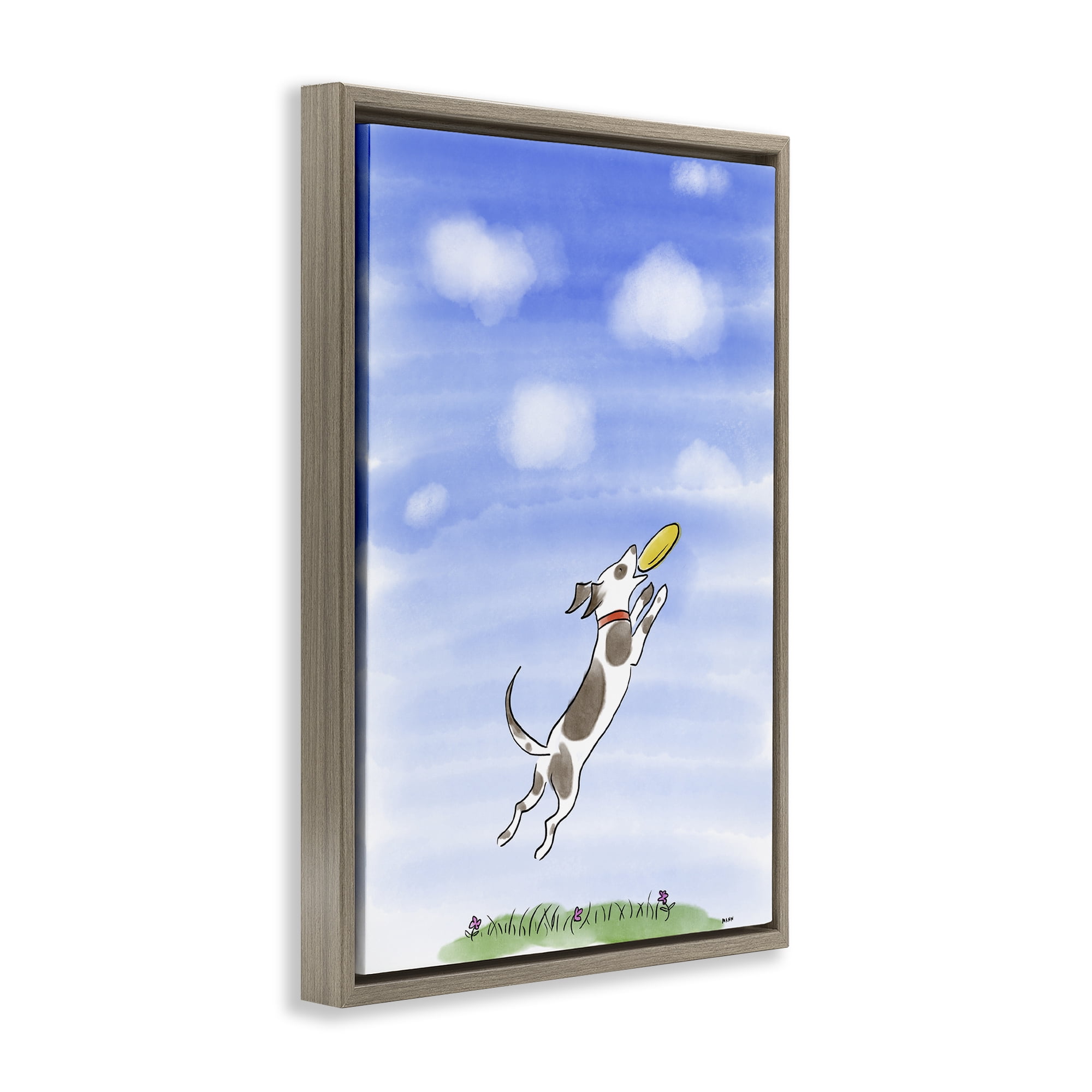 Stupell Industries Dog Catching Frisbee Brown Framed Floater Canvas Wall Art, design by Patti Mann