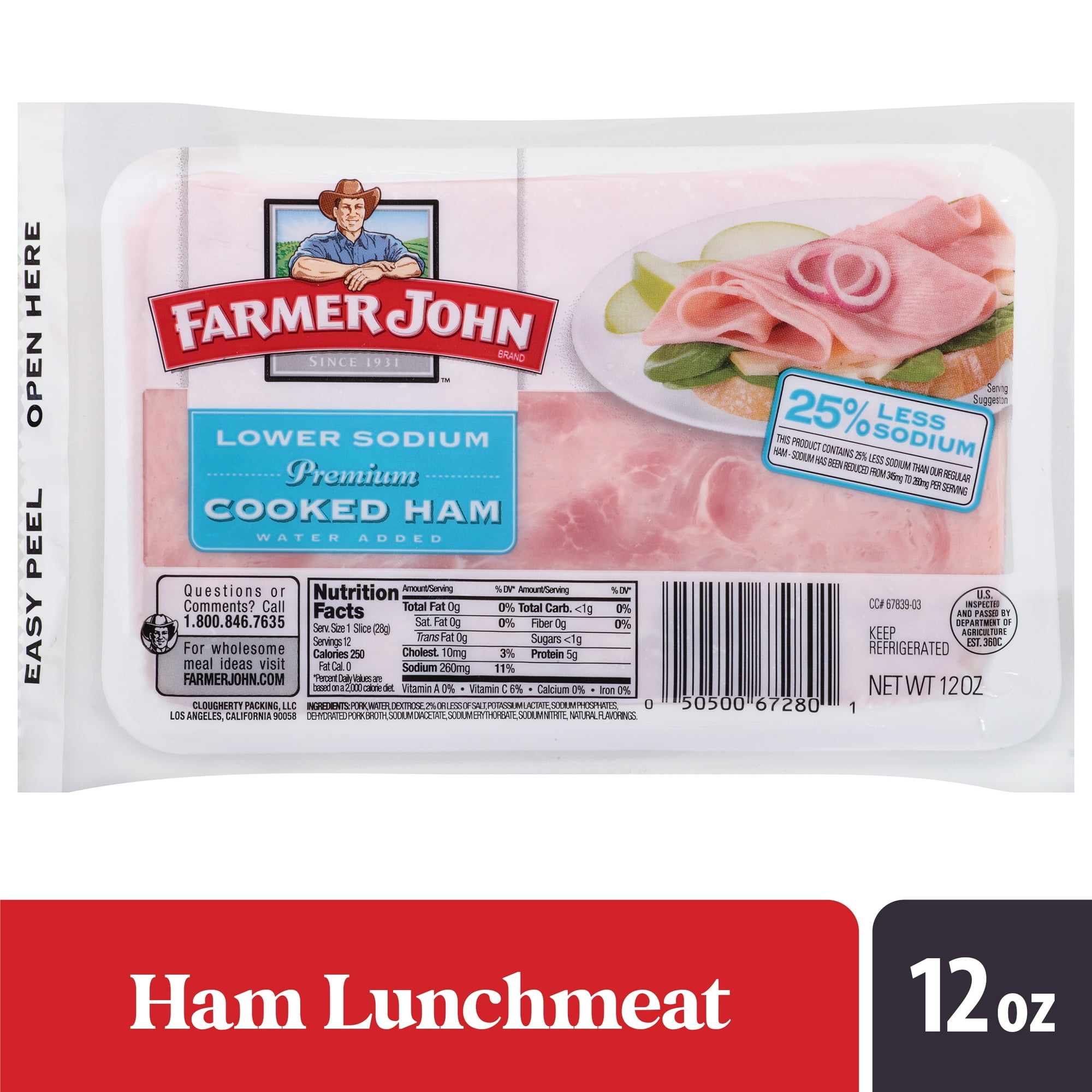 Farmer John Cooked Ham, Lower Sodium, 12 oz, Sliced Lunch Meat in Resealable Pouch