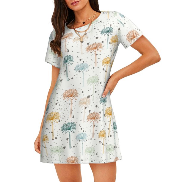 Fotbe Dandelion Bata de Dormir para Mujer con Estampado, Camisón de Algodón de Manga Corta, Ropa de Dormir Casual