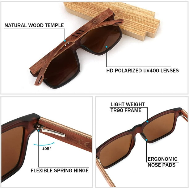 Htooq Wood Sunglasses For Men And Women Vintage Polarized Lenses Uv Protection Bamboo Frame Sun Glasses Brown