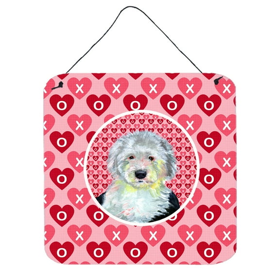 Old English Sheepdog Hearts Love and Valentines Day Portrait Wall or Door Hanging Prints