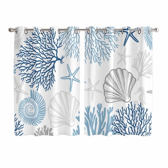 Blue Grey Coastal Kitchen Curtains 72 Inch Length, Summer Beach Coral Shell Starfish Grommet Top Bedroom Living Room Curtains, Light Filtering Cafe Curtain Drapes 2 Panels Set 104''x72''