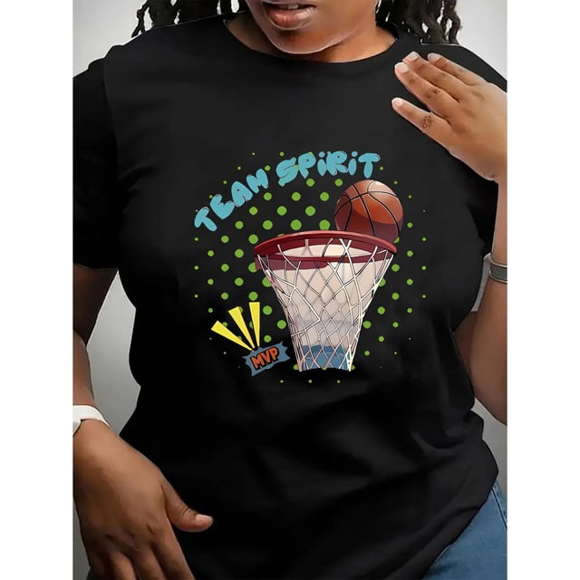1 Pce T-Shirt Graphique de Basketball Décontracté pour Femmes, Tissu en Polyester, Extensible Moyen, Col Rond, T-Shirt à Manches Courtes à Motifs Géométriques, Haut de Sport à la Mode pour Toutes les Saisons Fête des Pères, Fête des Mères
