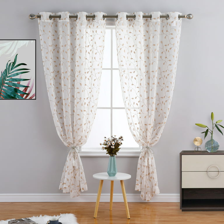CAROMIO Polyester White Sheer Beige Leaf Curtains Bedroom Window Curtain 2  Panels Grommet Top 52 x 84