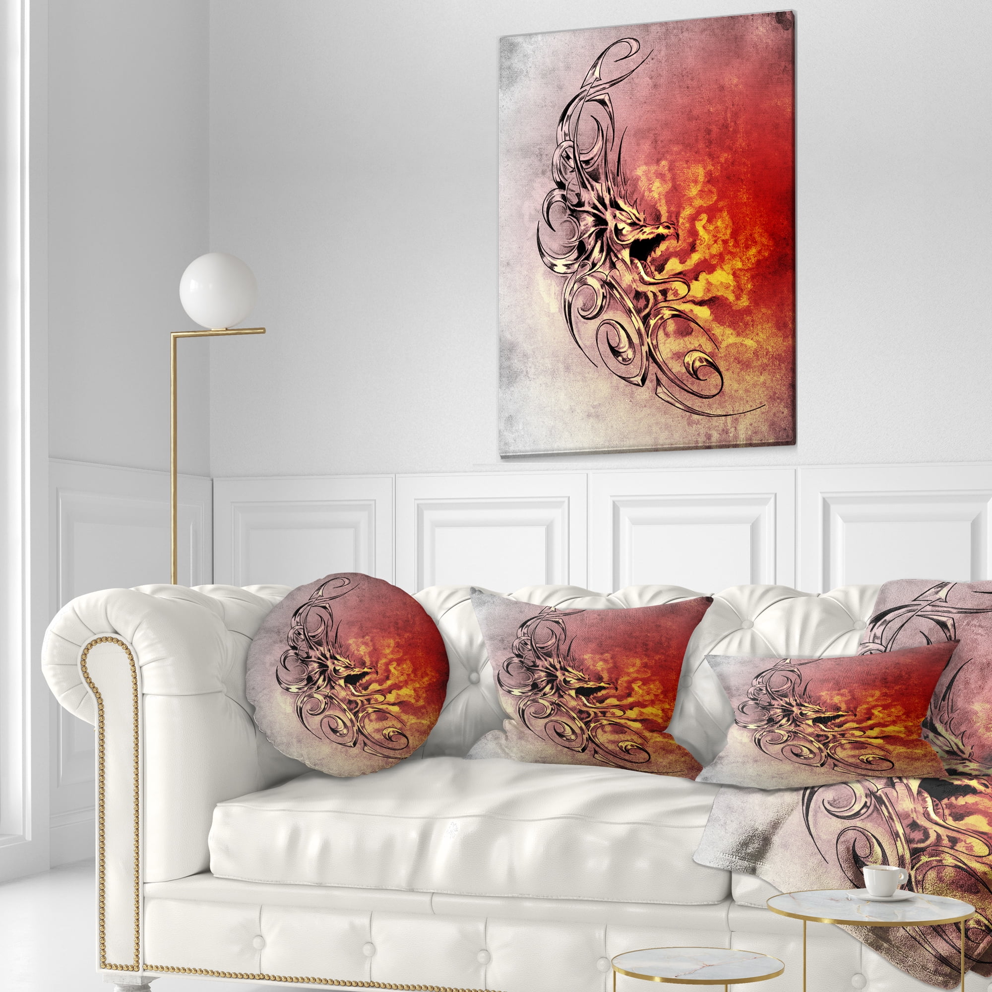 Designart Medieval Dragon Tattoo Sketch - Abstract Throw Pillow - 12x20