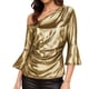 thumbnail image 1 of Tops de Manga Larga de las Mujeres con Brillo Metálico Y Textura de Costillas, Blusa Casual de Hombros para Fiesta Y Uso Cotidiano, Tops de Manga Corta de las Mujeres, 1 of 7