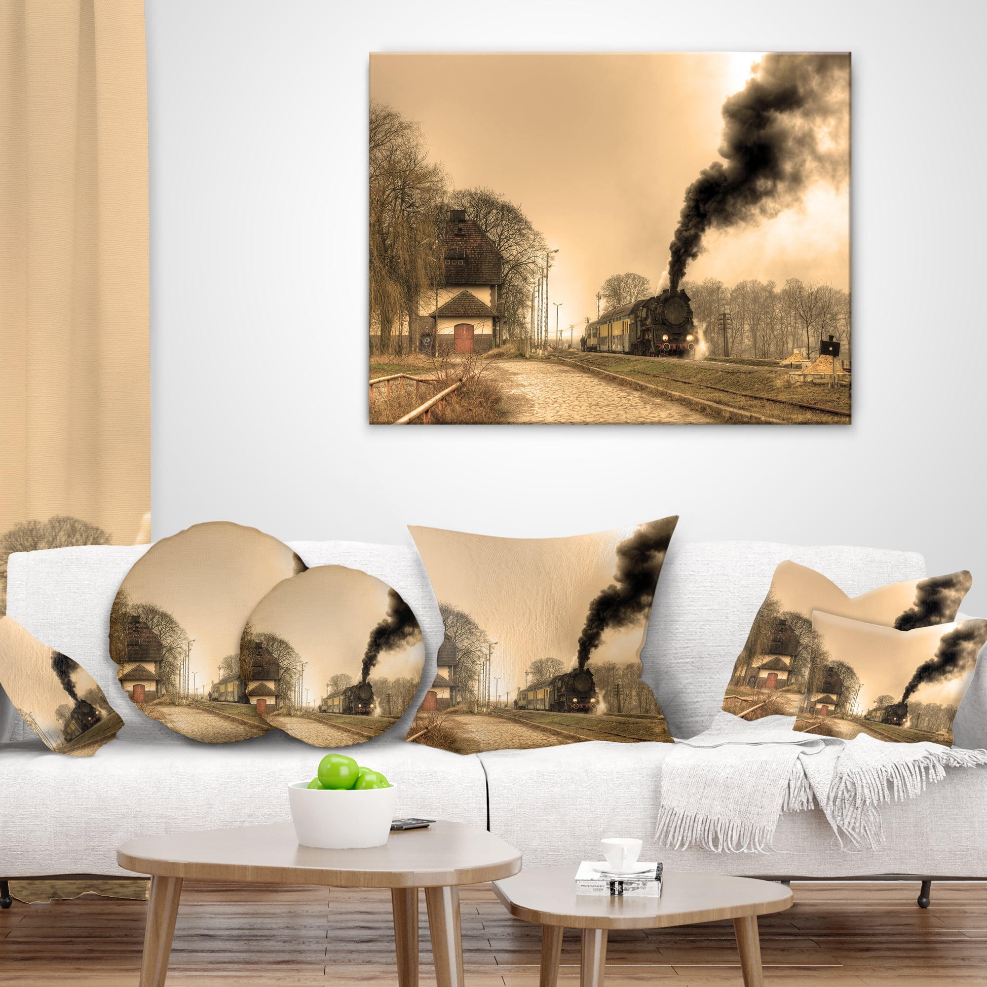 Designart Retro Steam Train - Landscape Photography Throw Pillow - 18x18