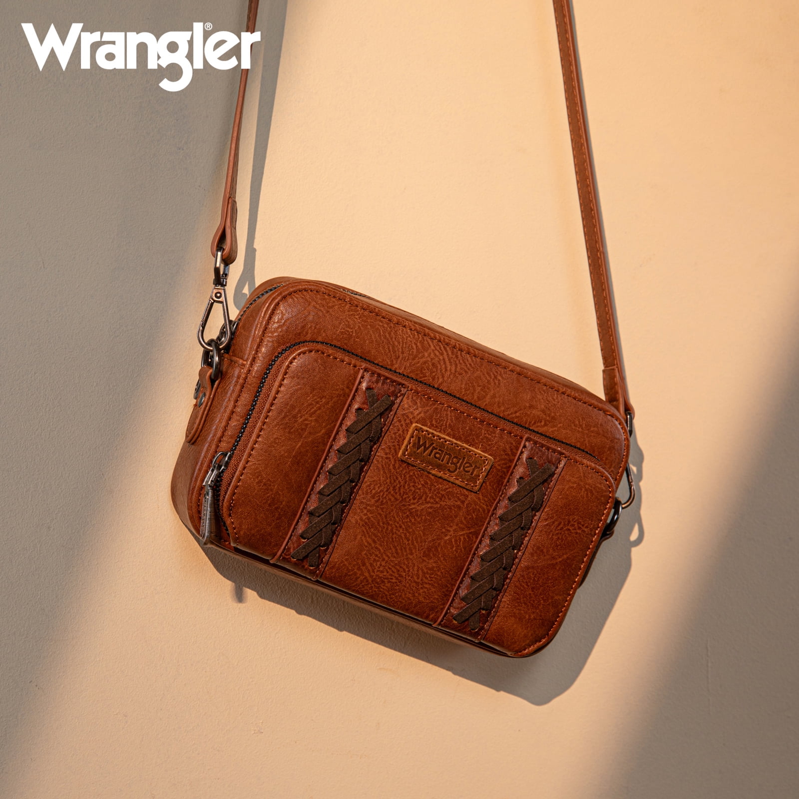 Wrangler Crossbody Bag for Women Vegan Leather Western Shoulder Purse Small Multi Pocket Crossbody Wallet Purse Crossover Bags with Adjustable Strap, Brown