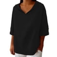 thumbnail image 5 of Womens Tops V Neck Lapel Solid Color Cotton Linen Loose Hooded Top T Shirt Short Sleeve T Shirt, 5 of 6