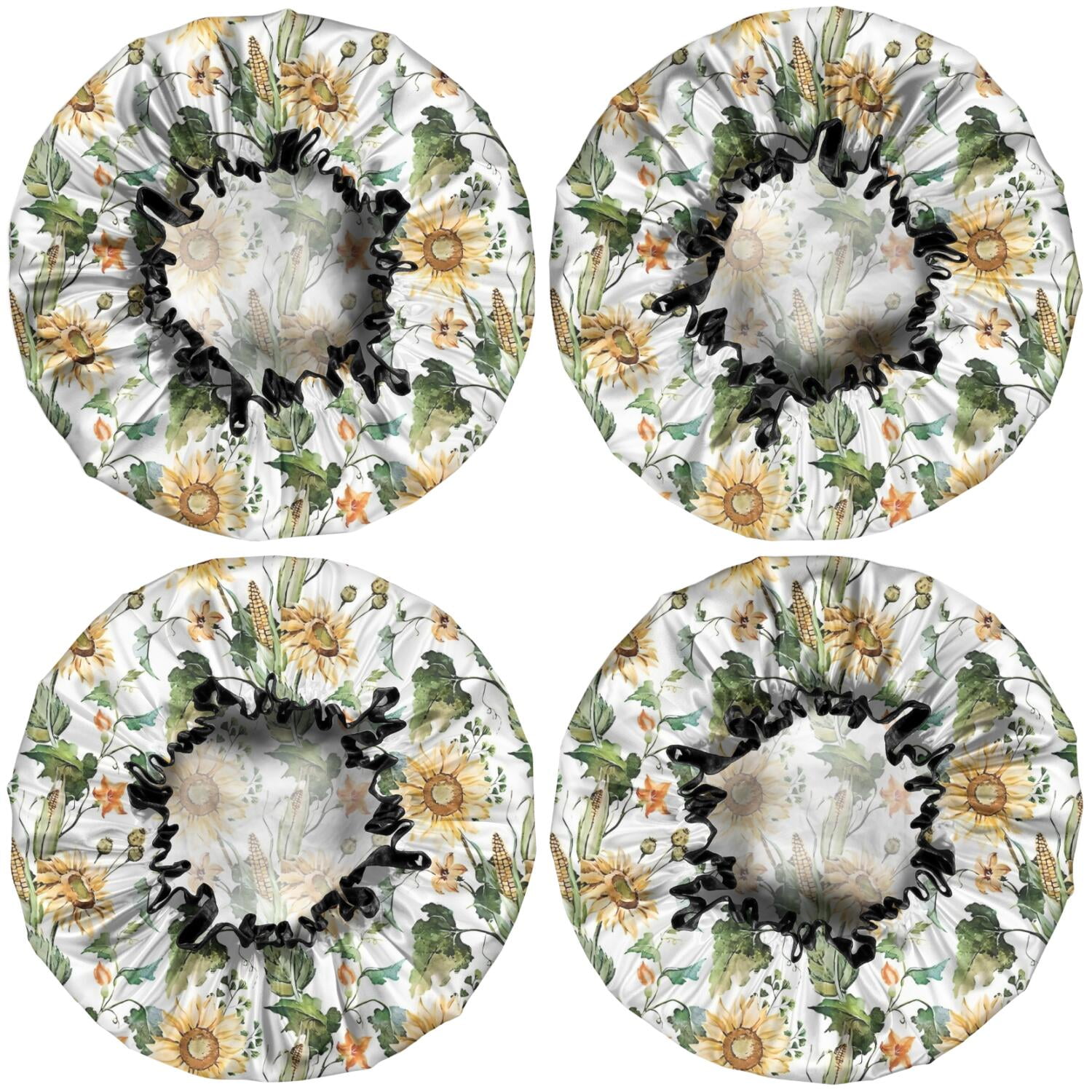 Shower Caps,Leaf Orange Flower Corn Sunflower Pattern Waterproof Shower Cap for Women 4 Pieces,Double Reusable Hair Cover for Shower PEVA Elastic Stretch Hem