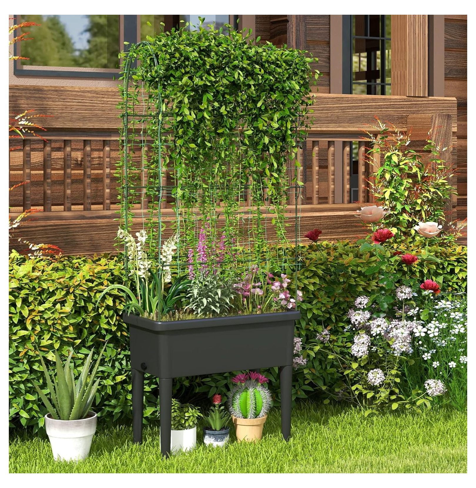 Raised Garden Bed with Trellis, 4 in 1 Self-Watering Planter w/Water Level Observer, Drainage Holes, Climbing Net & Detachable Legs, Garden Cucumber Planter for Vegetables Flowers