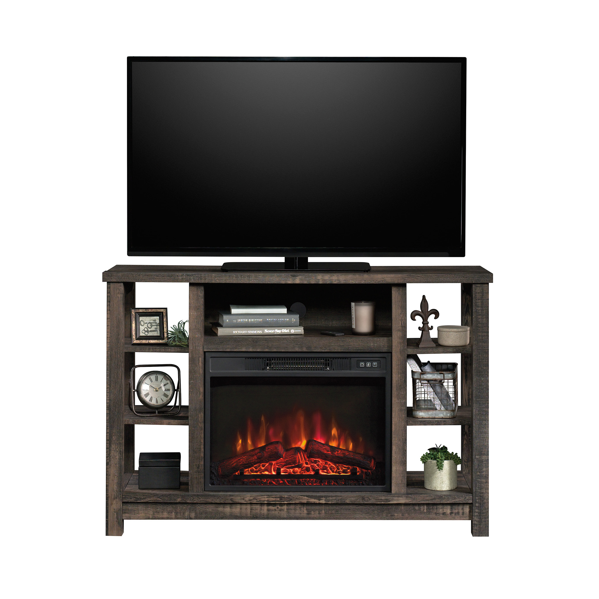 Sauder TV Console with Storage & Electric Fireplace, for TVs up to 50", Carbon Oak Finish