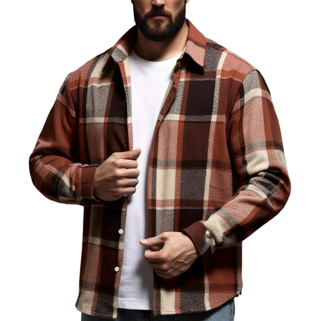 MeetoTime Mens Plaid Button-Down Shirts Casual Loose Lapel Long-Sleeved Checked Jacket for Men