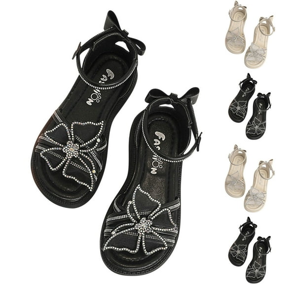 Jinhomg Girls Fashion Sandals Cute Rhinestones Butterfly Summer Flats Breathable Comfy Open Toe Soft Soles Vacation Beach Shoes Beige 36
