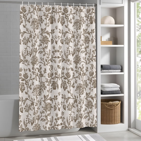 Brown Floral Shower Curtain for Bathroom, Retro Farmhouse Botanical Leaf Branch Fabric Shower Curtain Set with Hooks, Waterproof Washable Bath Curtain for Bathroom Decor, 72"x84"