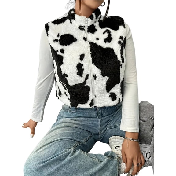 Women's Plus Size Cropped Jacket Cow Print Sleeveless Zip Up Fuzzy Y2K Fall Vest Outerwear Black L