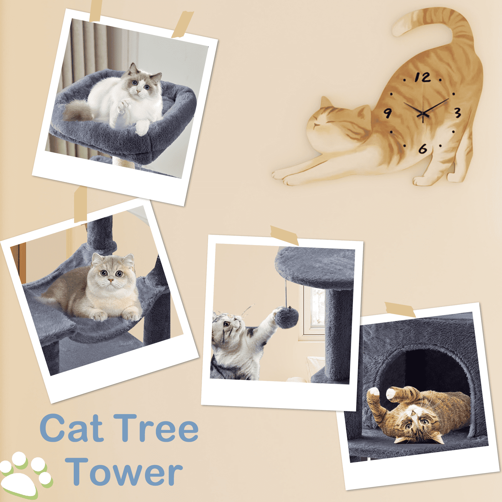 MAYEERTY 44-inch Cat Tree Tower Multi-Cat Climbing Natural Sisal Scratching Posts Extended Platform Hammock