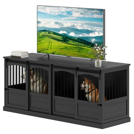 Homiflex Double Dog Crate and 2 Sliding Doors Wooden End Table, Grey