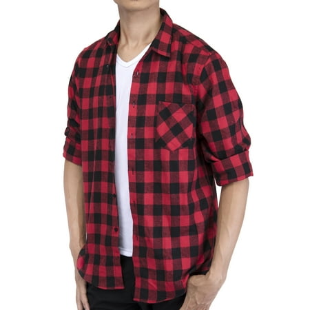 LELINTA Men's Long Sleeve Plaid Shirt Flannel Plaid Shirt Mens Casual Button-down Shirts Workshirt Red Black