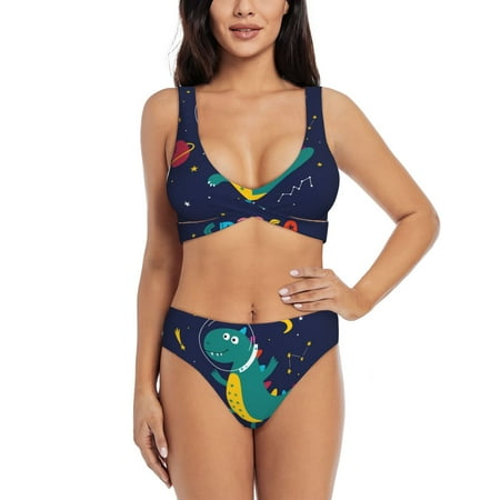 Zeuib Dinosau Space Explorer High Waisted Tummy Control Bikini Set - Knot Front Push Up Top & Cheeky Thong Bottom  Two-Piece Swimsuit for Women-XX-Large