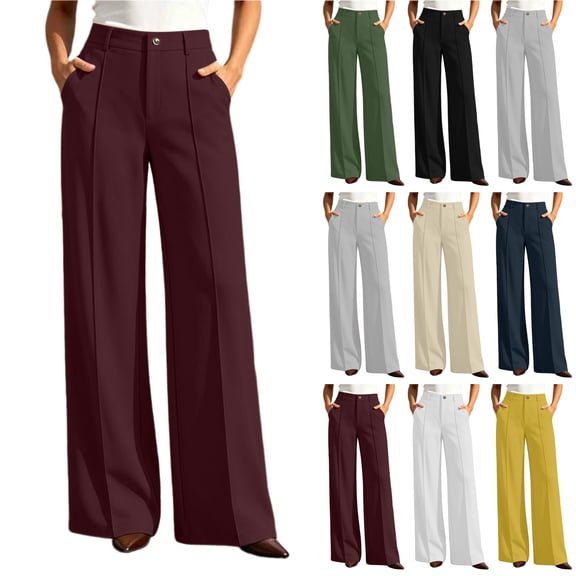 Bloomae Wide Leg Pants Women High Waisted Button Business Casual Dressy Striped Pleated Trousers Loose Office Work Palazzo Pants with Pockets