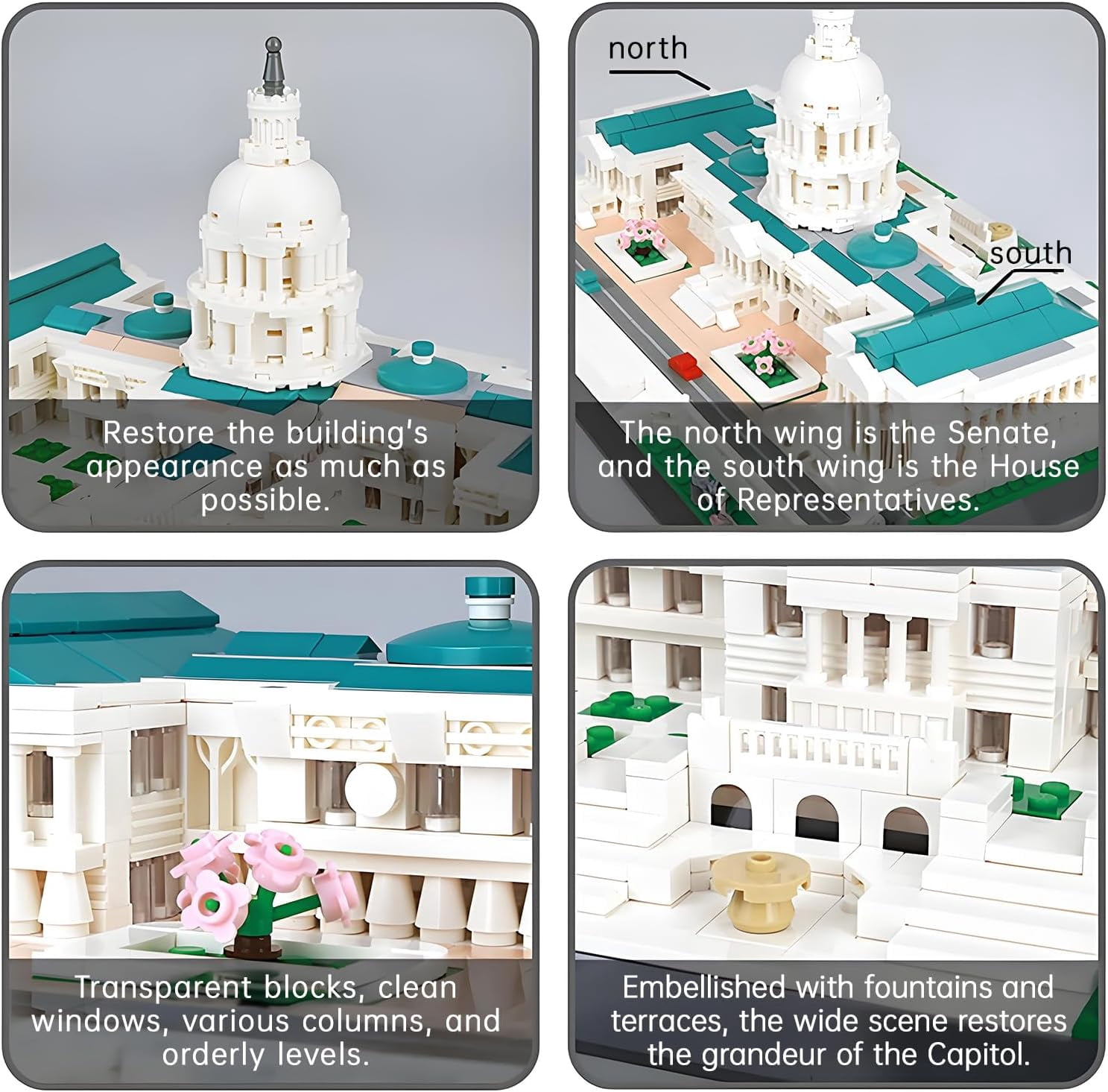 United States Capitol Building Blocks Set 1074 Pieces Washington D.C. Architecture Model Kit with Nameplate & Chain Fence USA Landmark Souvenir Gift Construction Toy