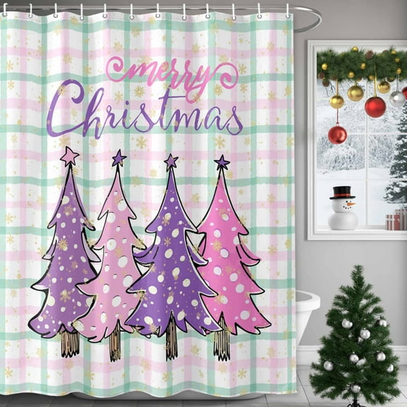 Merry Christmas Shower Curtains for Bathroom, Purple Pink Xmas Tree Waterproof Fabric Shower Curtain for Bathroom Bathtub Decoration, Machine Washable, 54x"78"
