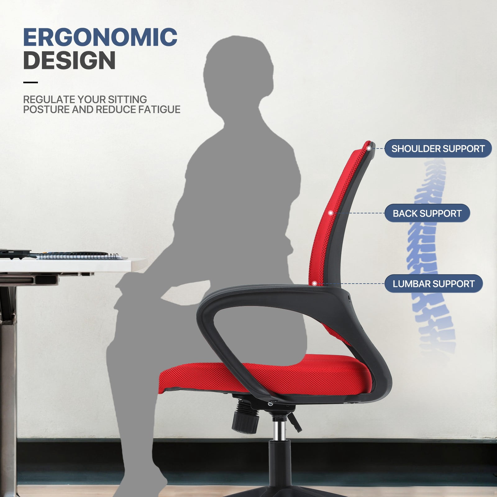 MoNiBloom Set of 2 Mesh Office Chairs Ergonomic Desk Chairs Swivel Rolling Computer Chairs with Lumbar Support and Adjustable Height, Red
