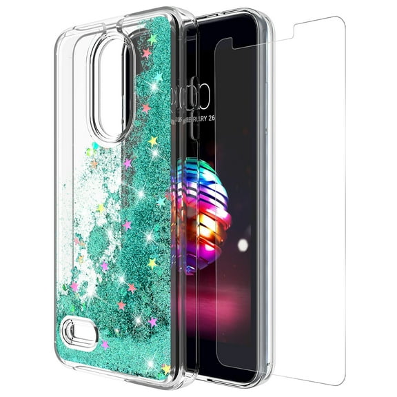 LG K30 Case, LG K10 2018 Case With Tempered Glass Screen Protector, KAESAR Slim Sleek Quicksand Glitter Sparkly Bling Cute Liquid Soft Bumper Protective Cover for LG K30 (Teal)