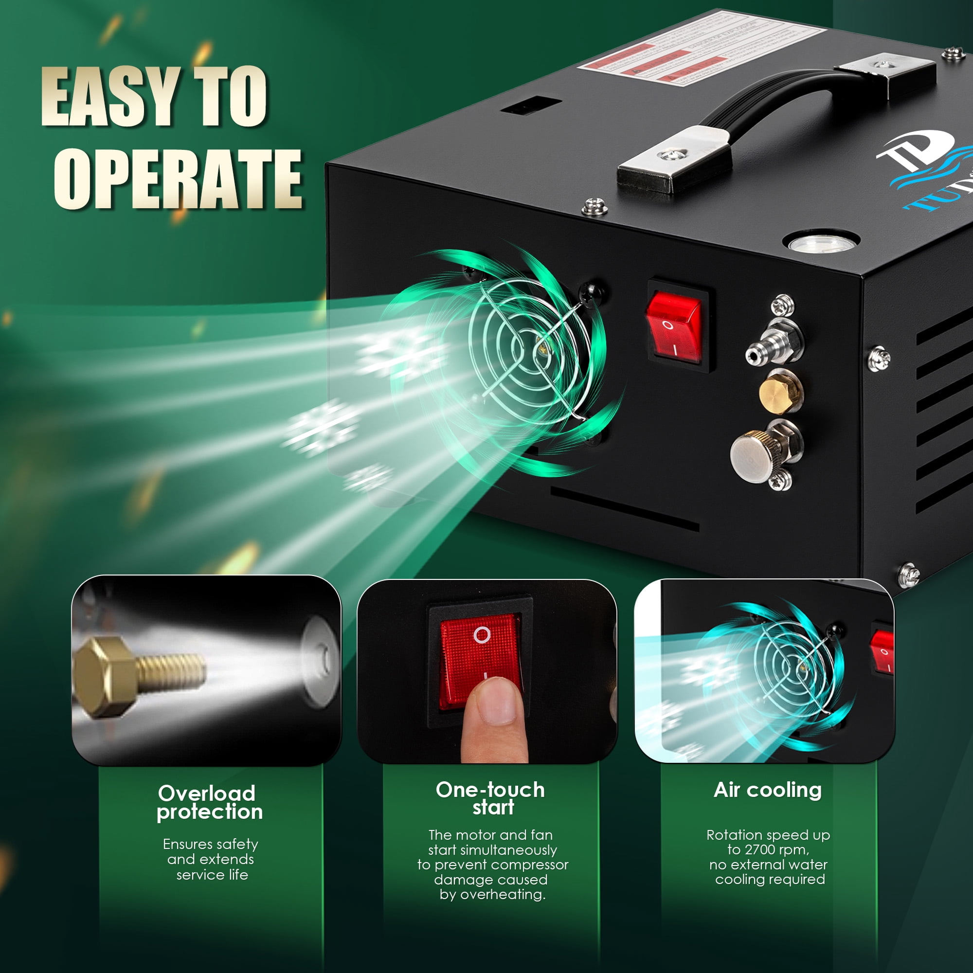 TUDIVING 4500 PSI PCP Air Compressor, Portable 12V DC/110V AC Air Pump with Built-in Converter, Oil-Free for PCP Air Rifles