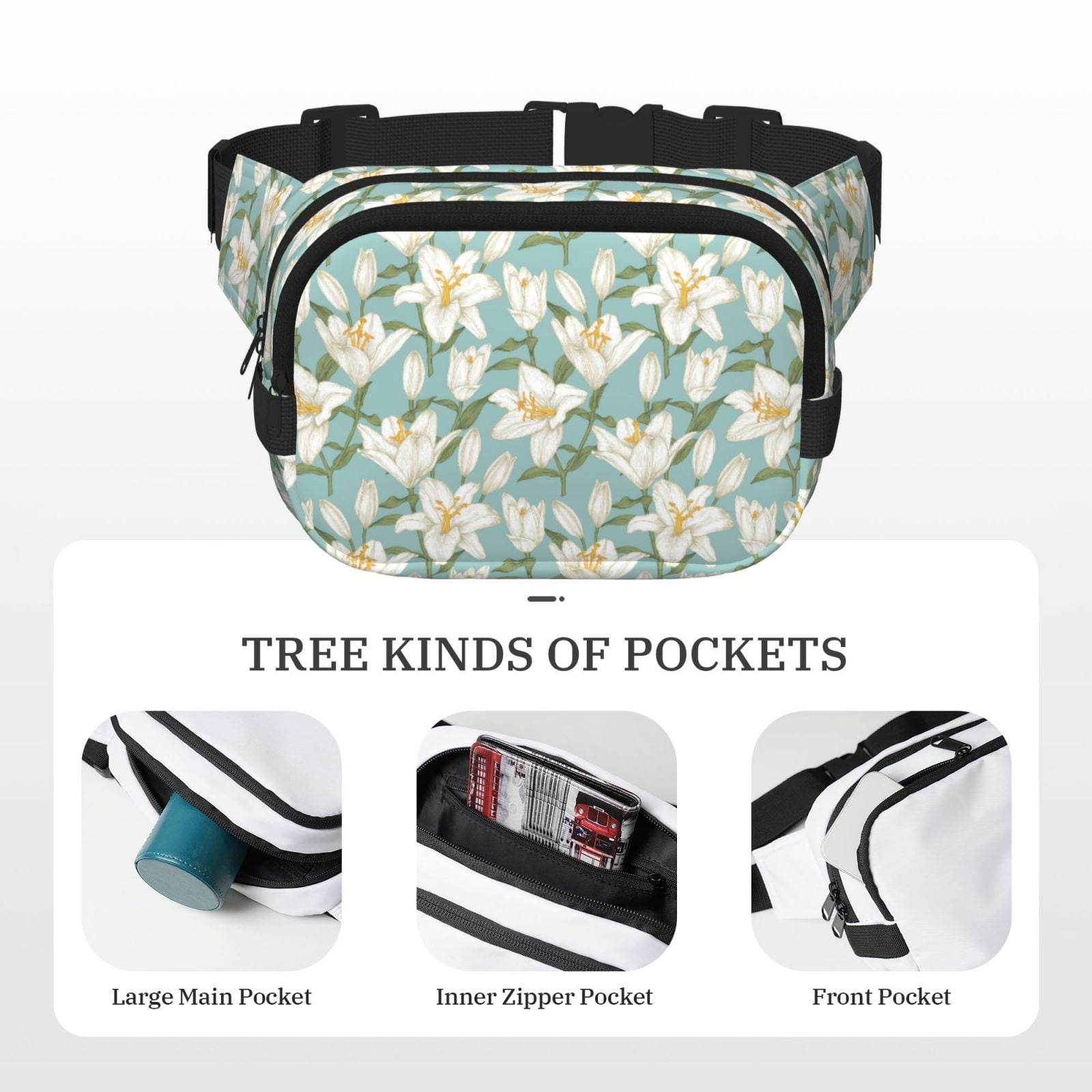 Picia Lilies Flowers Print Square Double-Layer Waist Bag Mini Adjustable Waist Belt Bag Exercise Running Travel Hiking