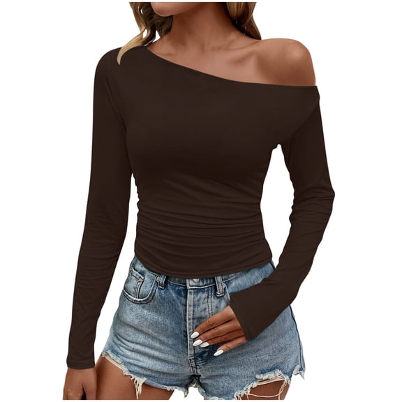 Sexlip Women's Off Shoulder Tops Casual Long Sleeve Basic Tee Shirts Fall Trendy Going Out Ruched Tight Fitted Y2K Blouse Brown L