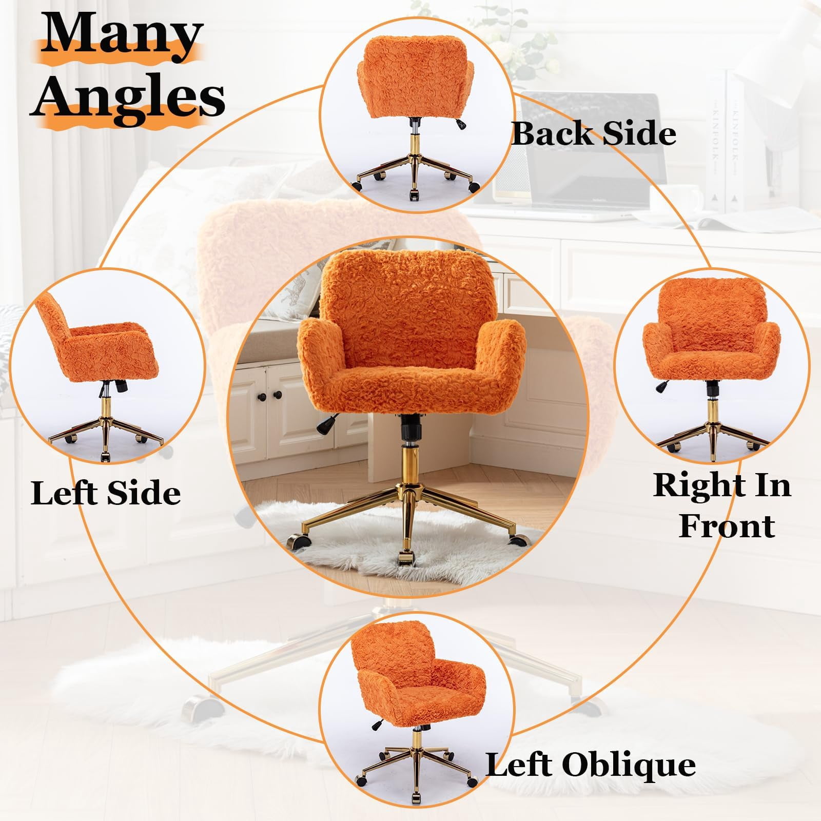 KISRAIS Furry Cute Office Chair, Modern Swivel Desk Chair with Wheels, Adjustable Makeup Vanity Chairs with Back, Upholstered Rolling Chairs for Vanity Makeup Room Study Indoor