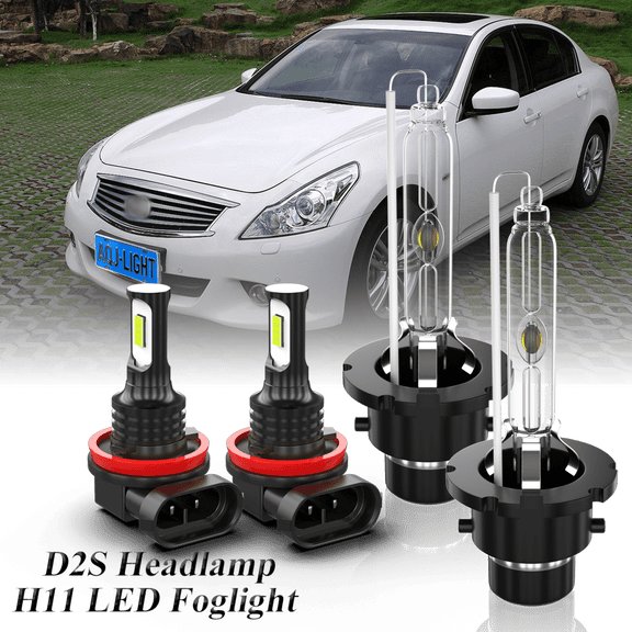 Fit for INFINITI G25 2011 2012 – D2S Xenon Headlight H11/H9/H8 LED Foglights Bulbs Combo 4 Pack, 6000K Diamond White 3800LM Super Bright, Auto Headlamp Upgrade Set