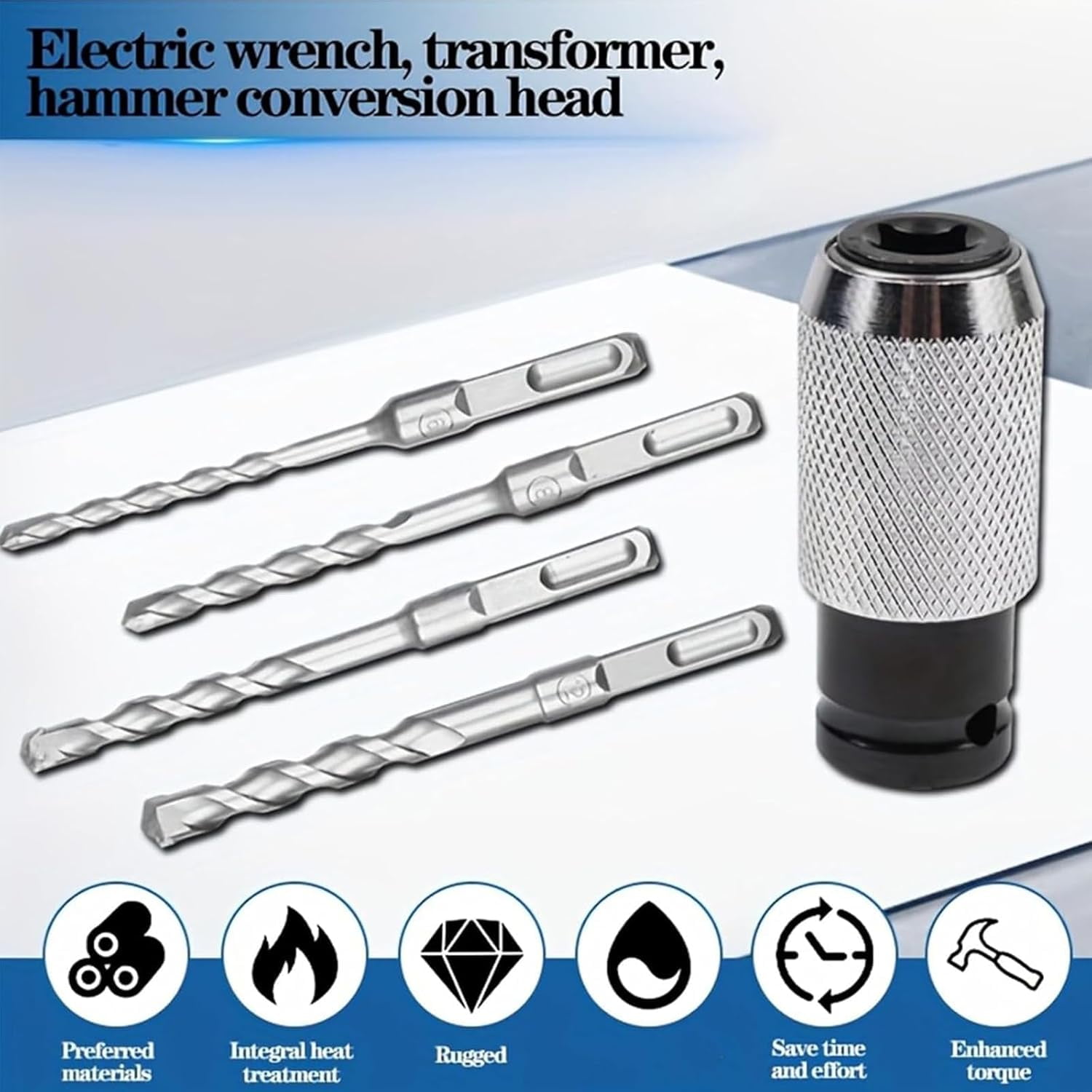 Electric Hammer To Drill Converter, Rotary Hammer Adapter with 4 Impact Drill Bits Set for Concrete Brick Stone Drilling